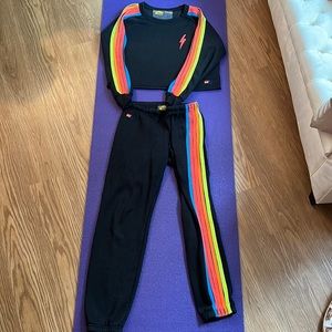 New without tags Aviator Nation black track pant and cutoff sweatshirt set, Med